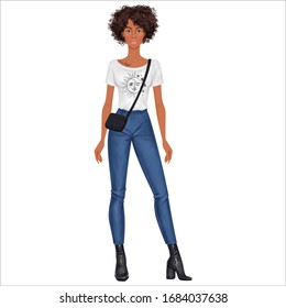 Paper doll of a beautiful young woman, with clothes set, ready for cut out and play. Casual style, summer street style theme. Vector illustration.