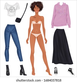 Paper doll of a beautiful young woman, with clothes set, ready for cut out and play. Casual style, summer street style theme. Vector illustration.