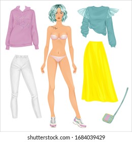 Paper doll of a beautiful young woman, with clothes set, ready for cut out and play. Casual style, style theme. Vector illustration.