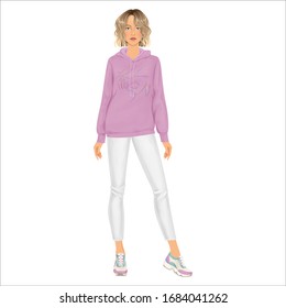 Paper doll of a beautiful young woman, with clothes set, ready for cut out and play. Casual style, street style theme. Vector illustration.