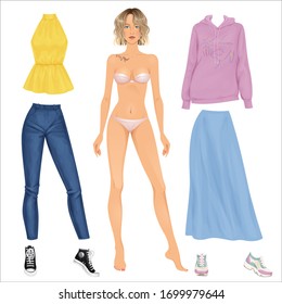 Paper doll of a beautiful young woman, with clothes set, ready for cut out and play. Casual style, street style theme. Vector illustration.