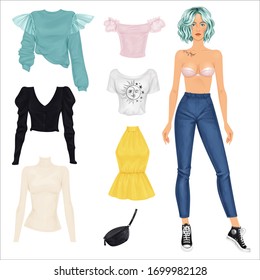 Paper doll of a beautiful young woman, with clothes set, ready for cut out and play. Casual style, street style theme. Vector illustration.