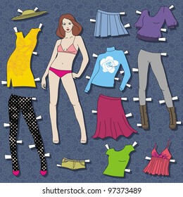 paper doll body with cloths for her. this template for cut. Vector illustration