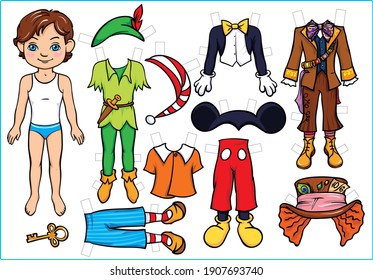 Paper Doll. Boy With Clothes. Cartoon Costumes. Illustration And Vector Outline - A4 Paper Ready To Print.