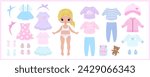 Paper doll clothes. Baby doll. Cute girl with clothes set, collection. Game, toy for children play. Cute girl with dresses. Vector illustration isolated on white background. Stickers. Dress up, cutout