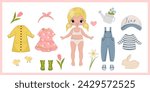 Paper doll clothes. Baby doll. Cute girl with clothes set, collection in spring garden. Game, toy for children play. Vector illustration isolated on white background. Stickers. Dress up, cutouts. 