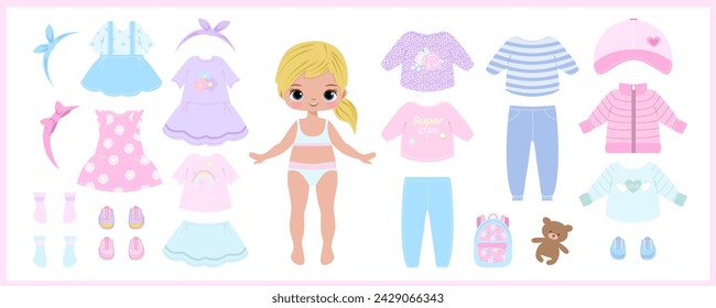 Ropa de muñeca de papel. Muñeca. Linda chica con conjunto de ropa, colección. Juego, juguete para niños jugar. Linda chica con vestidos. Ilustración vectorial aislada sobre fondo blanco. Pegatinas. Vestir, recortar