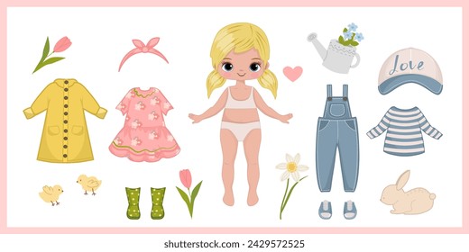 Ropa de muñeca de papel. Muñeca. Linda chica con conjunto de ropa, colección en jardín de primavera. Juego, juguete para niños jugar. Ilustración vectorial aislada sobre fondo blanco. Pegatinas. Vístete, recortes. 