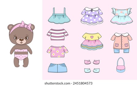 Paper doll clothes. Paper doll baby. Cute girl teddy bear with clothes, dresses. Vector illustration. Dress up, cutouts. Toy, game for children play. Printable doll. Clothes set, collection. Animal.