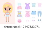 Paper doll clothes. Baby doll with dress. Cute girl clothes. Vector illustration isolated on white background. Clothes set, collection. Dress up stickers, cutouts, game, play, toy for children. 