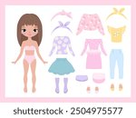 Paper doll clothes. Baby doll with dress. Cute girl clothes. Vector illustration isolated on white background. Clothes set, collection. Dress up, cutouts, game, play, toy for children. Fashion girl