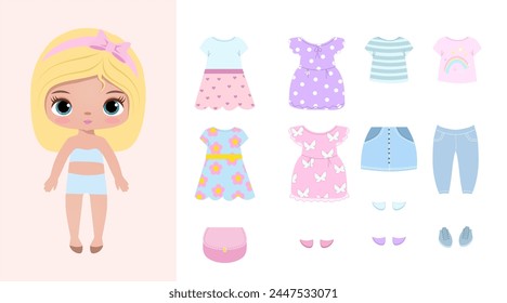 Paper doll clothes. Baby doll with dress. Cute girl clothes. Vector illustration isolated on white background. Clothes set, collection. Dress up stickers, cutouts, game, play, toy for children. 