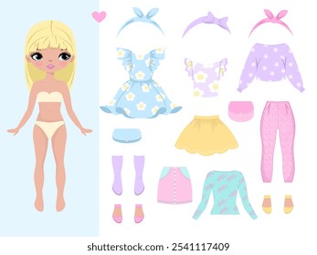 Roupas de boneca de papel. Boneca de bebê com vestido. Roupas femininas bonitas. Ilustração vetorial isolada sobre fundo branco. Roupas, coleção. Vestir-se, recortes, jogo, brincar, brinquedo para children.Printable