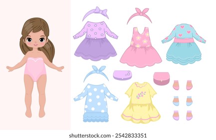 Roupas de boneca de papel. Boneca de bebê com vestido. Roupas femininas bonitas. Ilustração vetorial isolada sobre fundo branco. Roupas, coleção. Vestir-se, recortes, jogo, brincar, brinquedo para children.Printable