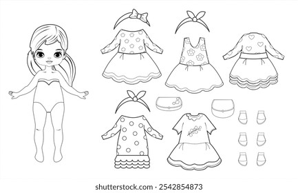 Boneca de papel roupas bebê. Contorno de boneca de papel. Página de cores, Livro de cores. Menina bonita com roupas. Ilustração vetorial isolada sobre fundo branco. Vestir, cortar, cortar. Moda menina. Brinquedo, jogo