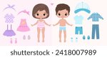 Paper doll clothes. Paper doll boy, girl. Cute girl with dresses . Clothes set, collection. Vector illustration. Doll for children play. Baby doll. Cutouts. Fashion girl, boy. Dress up, cutouts