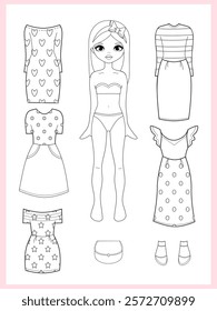 Paper doll clothes coloring page, book. Outline. Black and white. Fashion girl with clothes set, collection. Paper doll dress up, cutouts, cut out. Vector illustration. Paper doll printable . Stickers