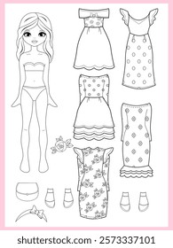 Paper doll clothes coloring page, book. Outline. Black and white. Fashion girl with clothes set, collection. Paper doll dress up, cutouts, cut out. Vector illustration. Paper doll printable . Stickers