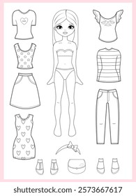 Paper doll clothes coloring page, book. Outline. Black and white. Fashion girl with clothes set, collection. Paper doll dress up, cutouts, cut out. Vector illustration. Paper doll printable . Stickers