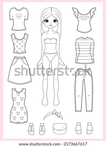 Paper doll clothes coloring page, book. Outline. Black and white. Fashion girl with clothes set, collection. Paper doll dress up, cutouts, cut out. Vector illustration. Paper doll printable . Stickers