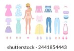 Paper doll clothes. Cute girl with clothes. Clothes set, collection. Vector illustration. Doll for children play, cutouts. Dress up stickers. Toy, game. Fashion girl dresses, jeans, t shirt. Baby doll