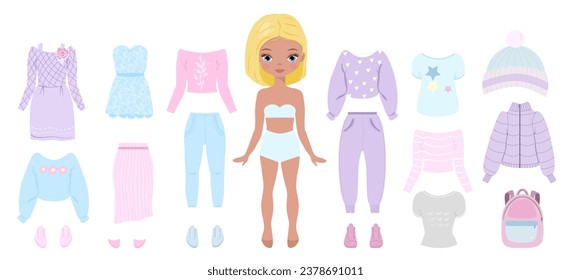 Ropa de muñeca de papel, chica linda con ropa. Juego de ropa, colección. Ilustración vectorial. Muñecas para niños juegan. Recortes. Chica de moda con jeans, falda, vestidos, abrigo, chaqueta, camiseta, capucha