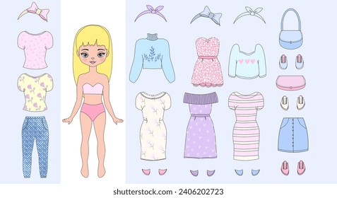 Ropa de muñecas de papel. Ropa de chica. Establecer, colección. Muñeca de moda. Recortes. Vestir. Ilustración vectorial. Juego, juguete, juega. muñeca bebé con vestido