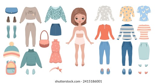 Paper doll clothes, Cute girl with clothes. Clothes set, collection. Vector illustration. Doll for children play. Cutouts. Fashion girl with jeans, skirt, dress, coat, jacket, t shirt, hoodie. Dressup