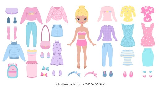 Ropa de muñecas de papel. Chica linda con ropa. Juego de ropa, colección. Ilustración vectorial. Muñecas para niños juegan. Recortes. Chica de moda con jeans, falda, vestidos, abrigo, chaqueta, camiseta, capucha. 