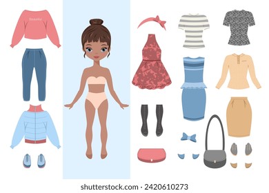 Paper doll clothes. Cute girl with clothes set, collection. Fashion girl dark skin. Vector illustration. Baby doll. Child, kids game, toy. Cutouts. Dress, skirt, shoes, jeans.Doll for children play