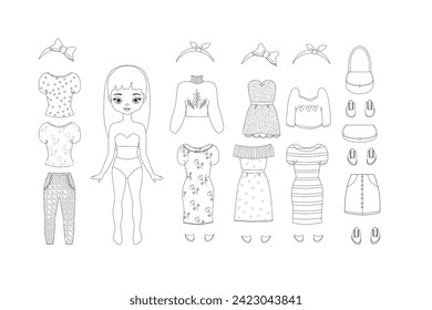 Ropa de muñecas de papel. Muchacha linda con ropa puesta, colección. Chica de los recortes. Juega, juega, juguete para niños, niños. Chica de moda página de Coloreo, libro. Imprimible. Ilustración vectorial. Blanco y negro. Vestir