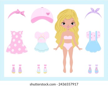 Ropa de muñeca de papel. Linda chica con ropa. Juego de ropa, colección. Pegatinas disfrazadas. Ilustración vectorial. Muñeca para niños jugar, juguete, juego. Recortes. Chica de moda con vestidos. Imprimible