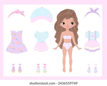 
Paper doll clothes. Cute girl with clothes. Clothes set, collection. Stickers dress up. Vector illustration. Doll for children play, toy, game. Cutouts. Fashion girl with dresses. Printable. Baby 