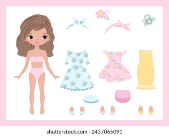 Ropa de muñeca de papel. Linda chica con conjunto de ropa, colección. Vístete chica. Recortes. Ilustración vectorial. Juguete, juego, juego para niños. Chica de moda. Pegatinas. Muñeca