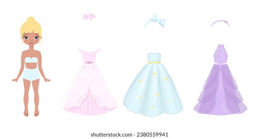 Paper doll clothes. Cutouts. Princess doll with dresses. Cute girl clothes. Fairy girl. Vector illustration.Fashion girl with dresses.  Collection of dresses. Set clothes . Play for kids