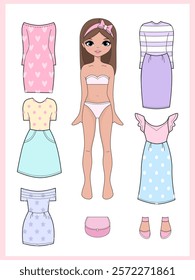 Paper doll clothes. Fashion girl with clothes set, collection. Paper doll dress up, cutouts, cut out. Vector illustration. Paper doll printable . Stickers. Toy, game for children, kids. Cute baby doll