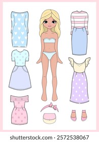  Paper doll clothes. Fashion girl with clothes set, collection. Paper doll dress up, cutouts, cut out. Vector illustration. Paper doll printable . Stickers. Toy, game for children, kids. Cute baby dol