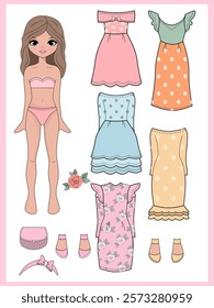  Paper doll clothes. Fashion girl with clothes set, collection. Paper doll dress up, cutouts, cut out. Vector illustration. Paper doll printable . Stickers. Toy, game for children, kids. Cute baby dol