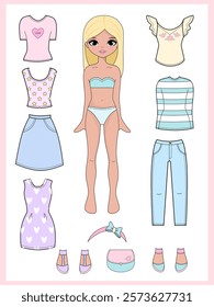 Paper doll clothes. Fashion girl with clothes set, collection. Paper doll dress up, cutouts, cut out. Vector illustration. Paper doll printable . Stickers. Toy, game for children, kids. Cute doll.eps