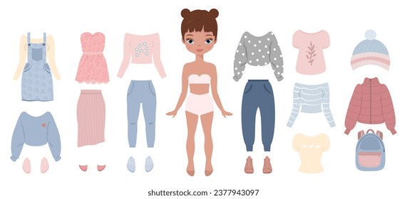 Ropa de muñecas de papel. Ropa de chica. Ropa, vestido, falda, jeans, camiseta, zapatos, sombrero, mochila. Ilustración vectorial.Muñeca de papel para niños juega. Chica de moda. Juguete para chica. 
