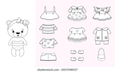 Papier Puppe Kleidung Umriss. Baby-Puppe mit Kleid. Nettes Mädchen Teddybär. Malseite, Buch.Vektorillustration isoliert auf weißem Hintergrund. Kleiderset, Kollektion. Dress up, Ausschnitte, Spiel, Spielzeug Kinder