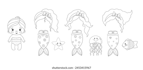 Paper doll clothes outline. Baby doll with dress. Cute girl mermaid with clothes set, collection. Vector illustration isolated on white background. Coloring page, book kids. Dress up, cutouts, game