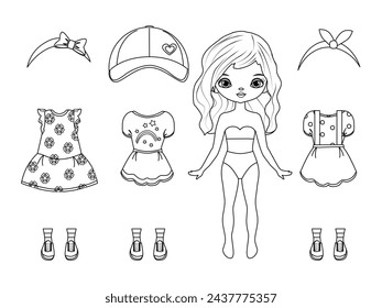 Paper doll clothes. Paper doll outline. Coloring page, Coloring book. Cute girl with clothes. Vector illustration isolated on white background. Dress up, cutouts, cut out. Fashion girl. Toy, game