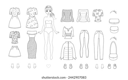 Paper doll clothes outline. Cute girl with clothes set, collection. Fashion girl coloring book, Coloring page. Vector illustration isolated on white background. Toy, game for children.Dress up, cutout