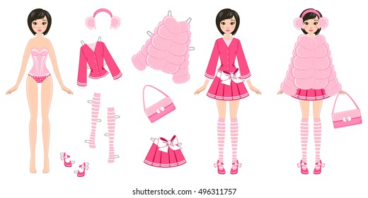 paper doll with clothes in pink on a white background