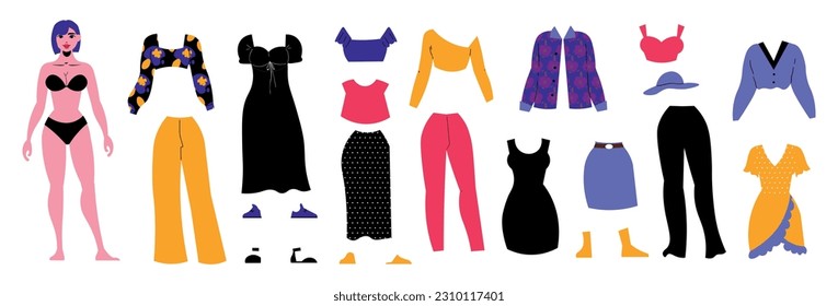 Paper doll clothes set with dress and jacket flat isolated vector illustration