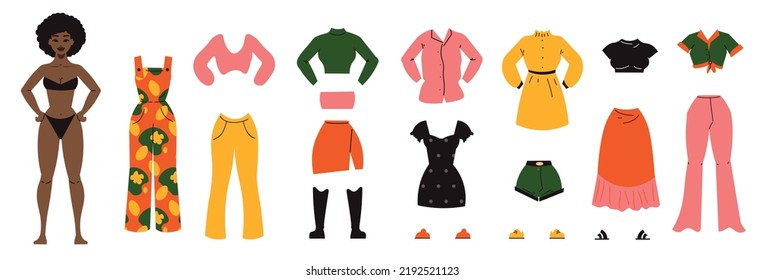 Paper doll clothes set with suit and dress flat isolated vector illustration