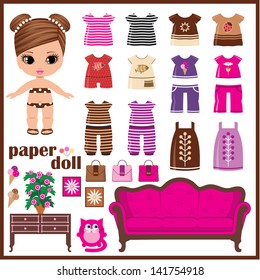 Paper doll with clothes set. vector, no gradient