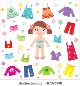 Paper doll with clothes set. vector, no gradient