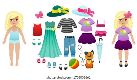 Paper Doll With Clothes. Vector Image Of A Girl In Underwear On A White Background. Set For Cutting Baby Clothes.
Isolated Collection Of Clothes, Shoes. Wardrobe